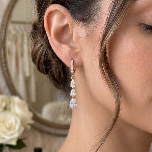 14K Gold Triple Pear Drop Earrings| Dainty Diamond Dangle Hoops| Bridal Earrings| Crystal Huggie Hoops| Bridesmaids Gift |Sta