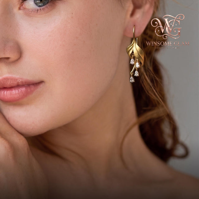 Gold Leaf Dangle Earrings • Zircon Teardrop • 14K Gold Plated • Botanical Jewelry • Minimalist Earrings • Gift for Her | Ever