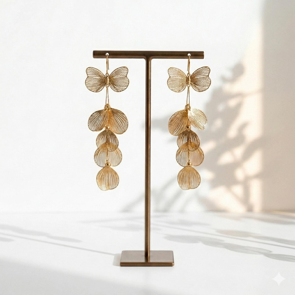 18K Gold Plated Layered Flower Petal Earrings  Large Statement Drop Necklace, Stainless Steel Dangle Earrings |Boho Wedding J