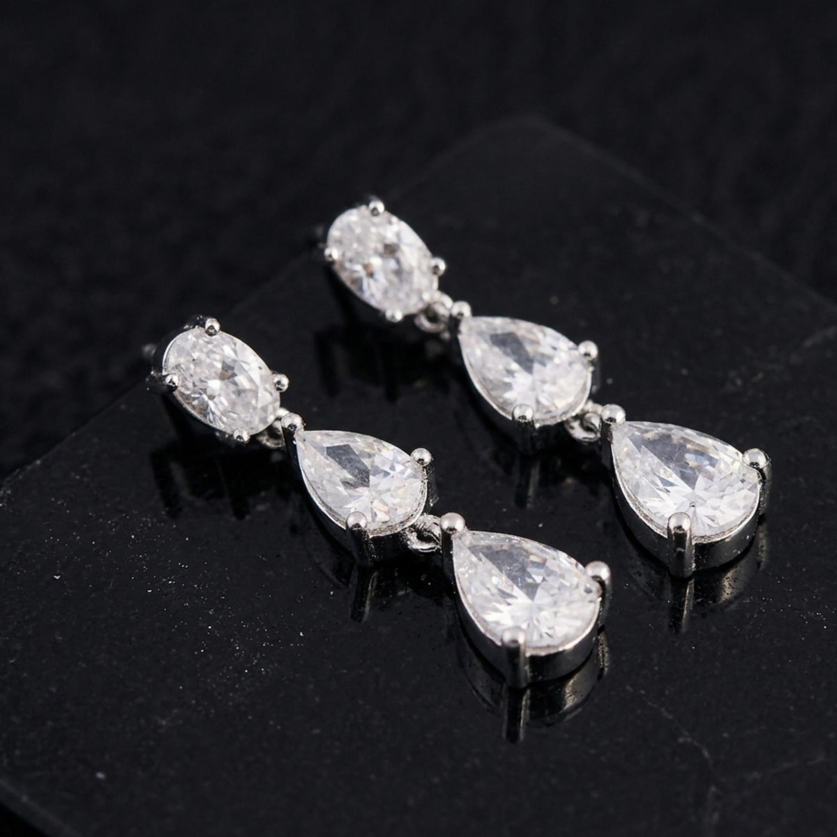 Triple Diamond Drop Earrings in CZ, Gold Plated Wedding Earrings, Bridesmaid Gifts, Elegant Teardrop Dangle Drops for Women F