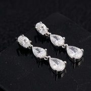 Triple Diamond Drop Earrings in CZ, Gold Plated Wedding Earrings, Bridesmaid Gifts, Elegant Teardrop Dangle Drops for Women F