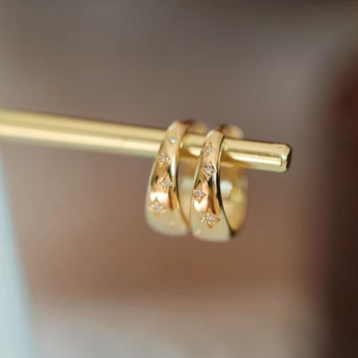 Rich Gold Starburst Huggie Earrings | Minimalist Celestial Diamond Hoops