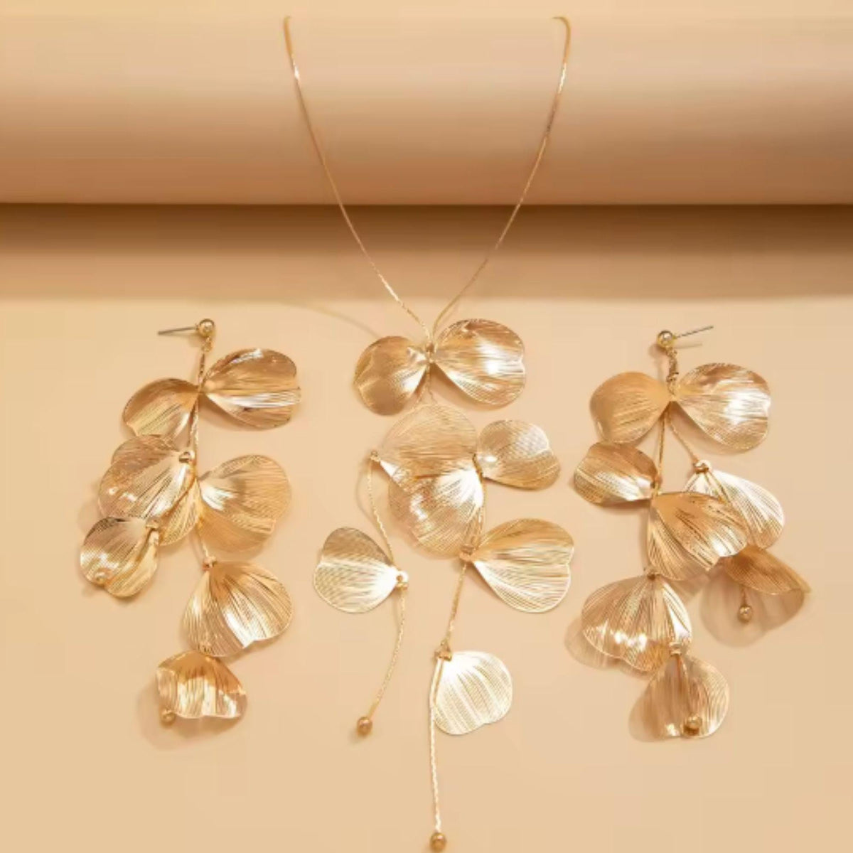 18K Gold Plated Layered Flower Petal Earrings  Large Statement Drop Necklace, Stainless Steel Dangle Earrings |Boho Wedding J