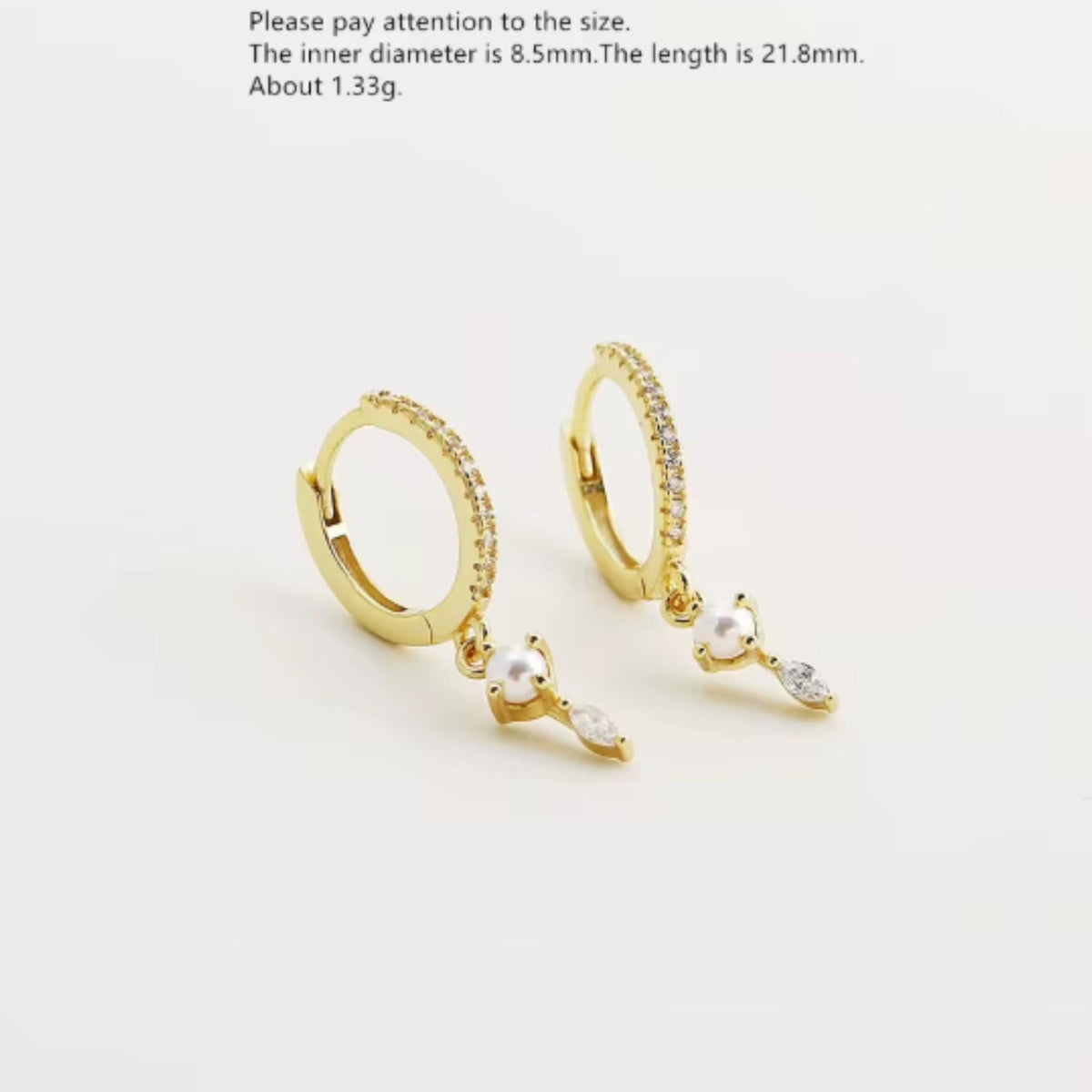 Pearl Diamond Huggie Earrings, Minimalist Sterling Silver Dangle, Gold Plated, Gift for Her
