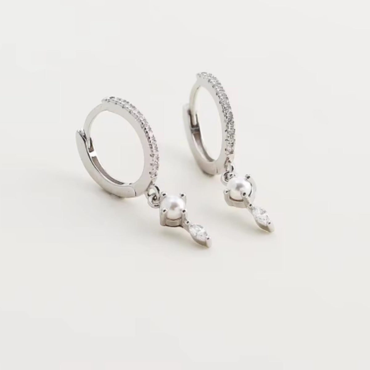 Pearl Diamond Huggie Earrings, Minimalist Sterling Silver Dangle, Gold Plated, Gift for Her