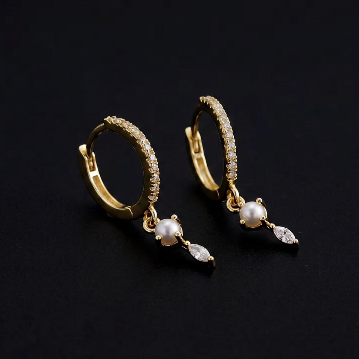 Pearl Diamond Huggie Earrings, Minimalist Sterling Silver Dangle, Gold Plated, Gift for Her