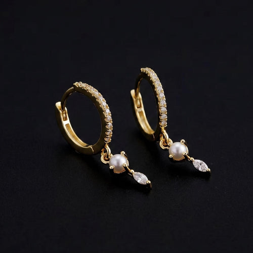 Pearl Diamond Huggie Earrings, Minimalist Sterling Silver Dangle, Gold Plated, Gift for Her