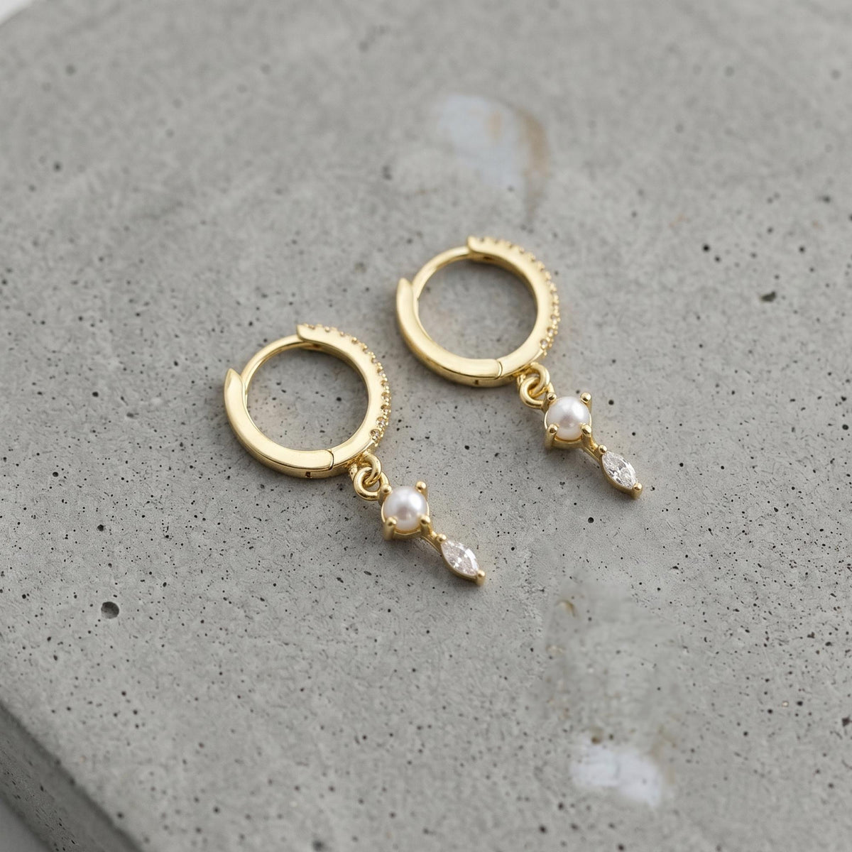 Pearl Diamond Huggie Earrings, Minimalist Sterling Silver Dangle, Gold Plated, Gift for Her