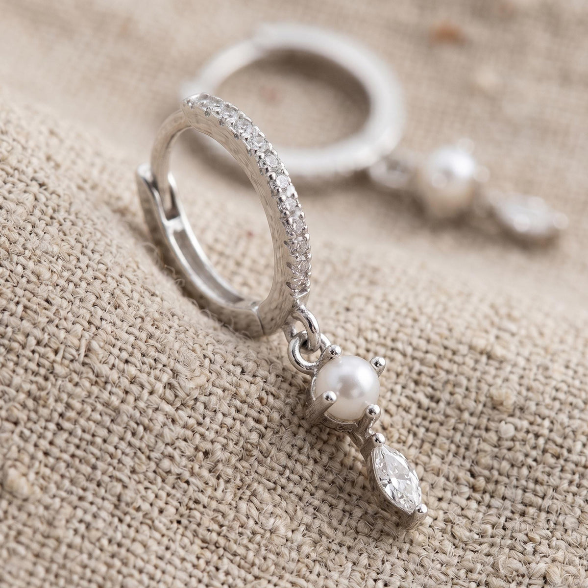 Pearl Diamond Huggie Earrings, Minimalist Sterling Silver Dangle, Gold Plated, Gift for Her