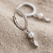 Pearl Diamond Huggie Earrings, Minimalist Sterling Silver Dangle, Gold Plated, Gift for Her