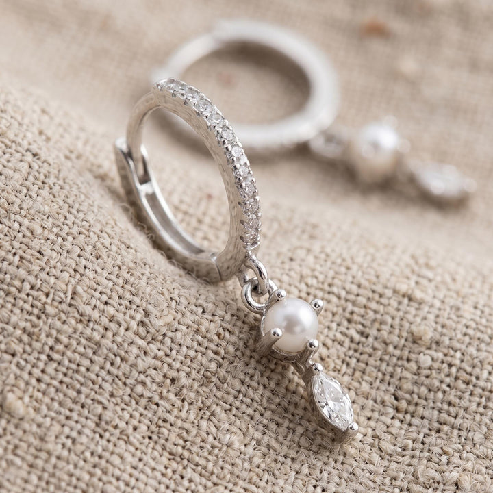 Pearl Diamond Huggie Earrings, Minimalist Sterling Silver Dangle, Gold Plated, Gift for Her
