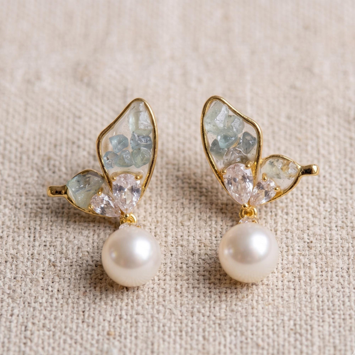 Gold-Plated Butterfly Wing Earrings with Natural Raw Stones & Pearl Drops – Artisanal Statement Jewelry – Elegant Gift for He