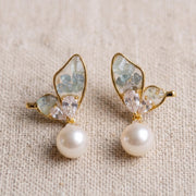 Gold-Plated Butterfly Wing Earrings with Natural Raw Stones & Pearl Drops – Artisanal Statement Jewelry – Elegant Gift for He