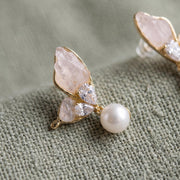 Gold-Plated Butterfly Wing Earrings with Natural Raw Stones & Pearl Drops – Artisanal Statement Jewelry – Elegant Gift for He