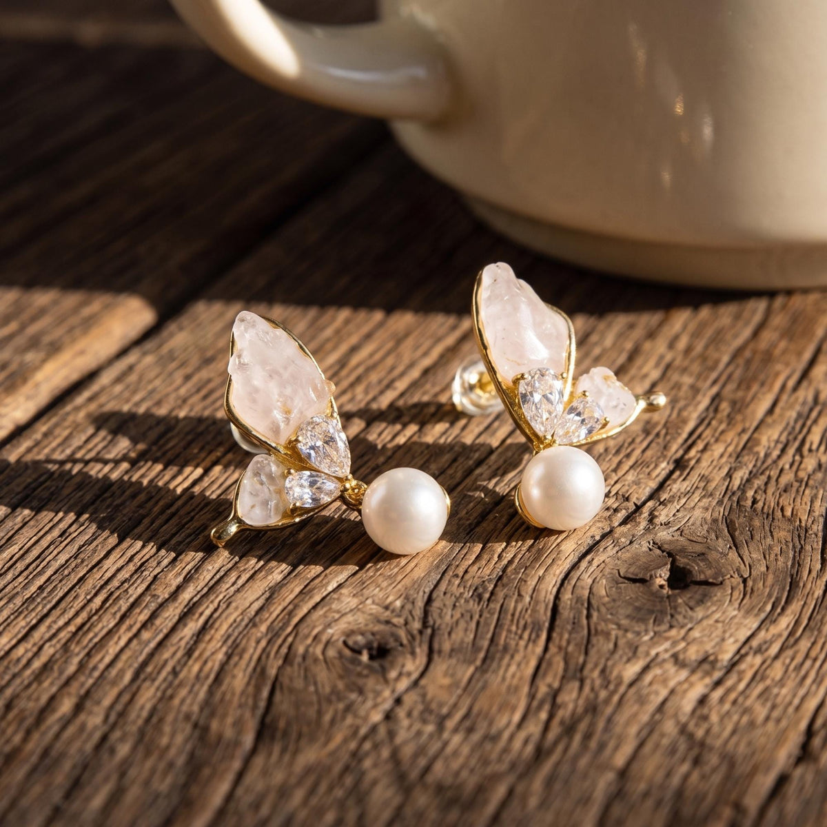 Gold-Plated Butterfly Wing Earrings with Natural Raw Stones & Pearl Drops – Artisanal Statement Jewelry – Elegant Gift for He