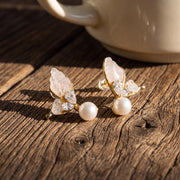 Gold-Plated Butterfly Wing Earrings with Natural Raw Stones & Pearl Drops – Artisanal Statement Jewelry – Elegant Gift for He