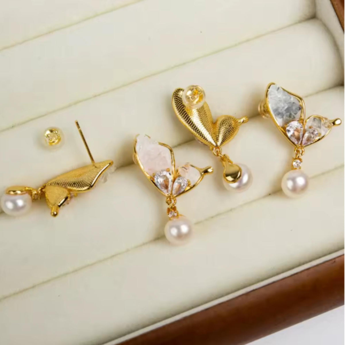 Gold-Plated Butterfly Wing Earrings with Natural Raw Stones & Pearl Drops – Artisanal Statement Jewelry – Elegant Gift for He