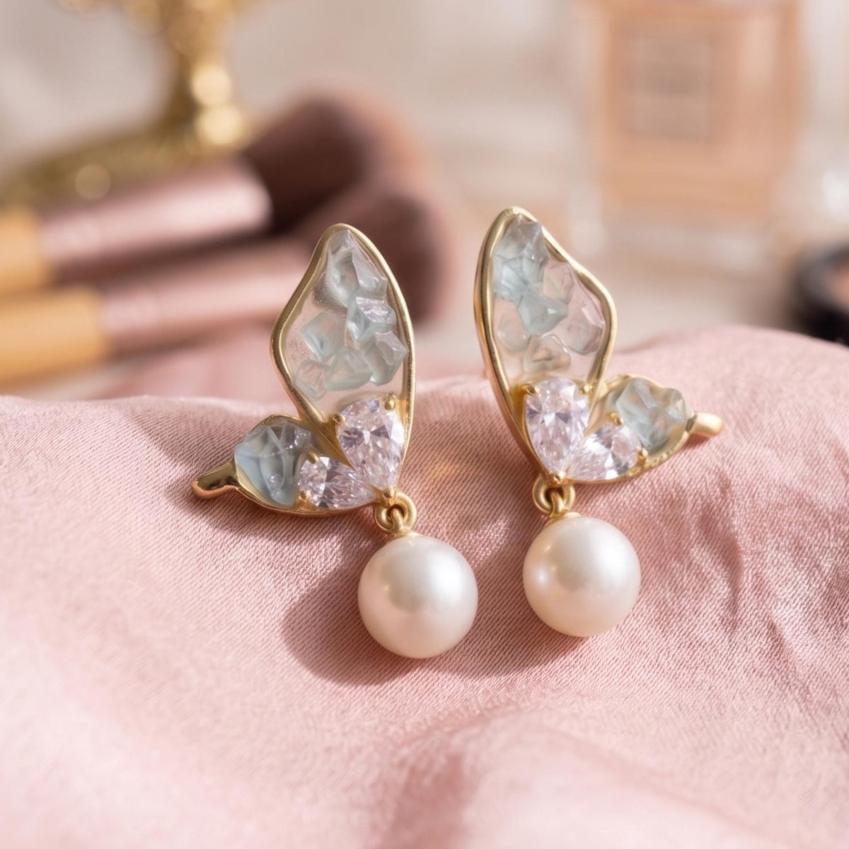 Gold-Plated Butterfly Wing Earrings with Natural Raw Stones & Pearl Drops – Artisanal Statement Jewelry – Elegant Gift for He