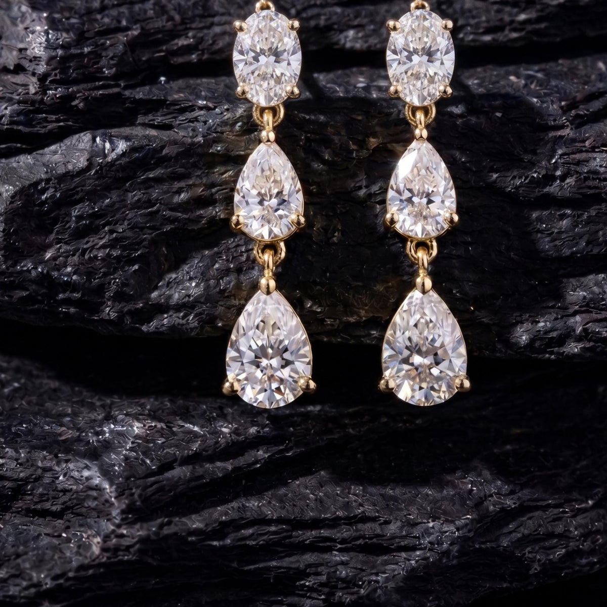Triple Diamond Drop Earrings in CZ, Gold Plated Wedding Earrings, Bridesmaid Gifts, Elegant Teardrop Dangle Drops for Women F