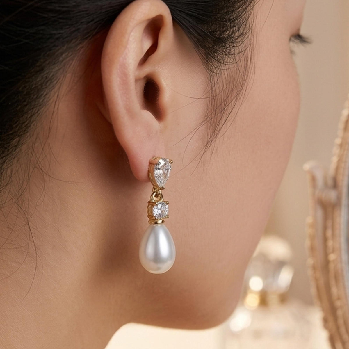 CZ Dimond Earrings, Gold Pearl Diamond Earrings| Crystal Bridal Earrings, Pearl Drop Earrings, Pearl Jewelry, Gift for her| B
