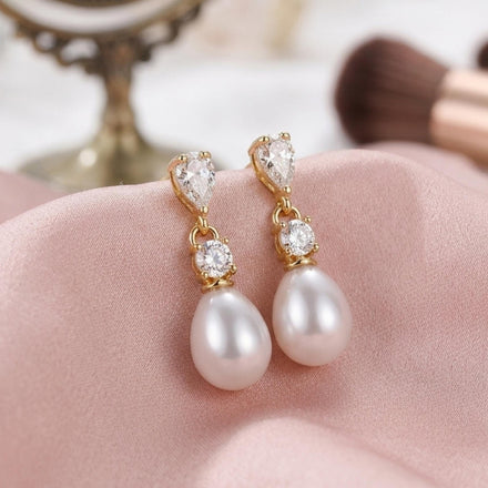 CZ Dimond Earrings, Gold Pearl Diamond Earrings| Crystal Bridal Earrings, Pearl Drop Earrings, Pearl Jewelry, Gift for her| B