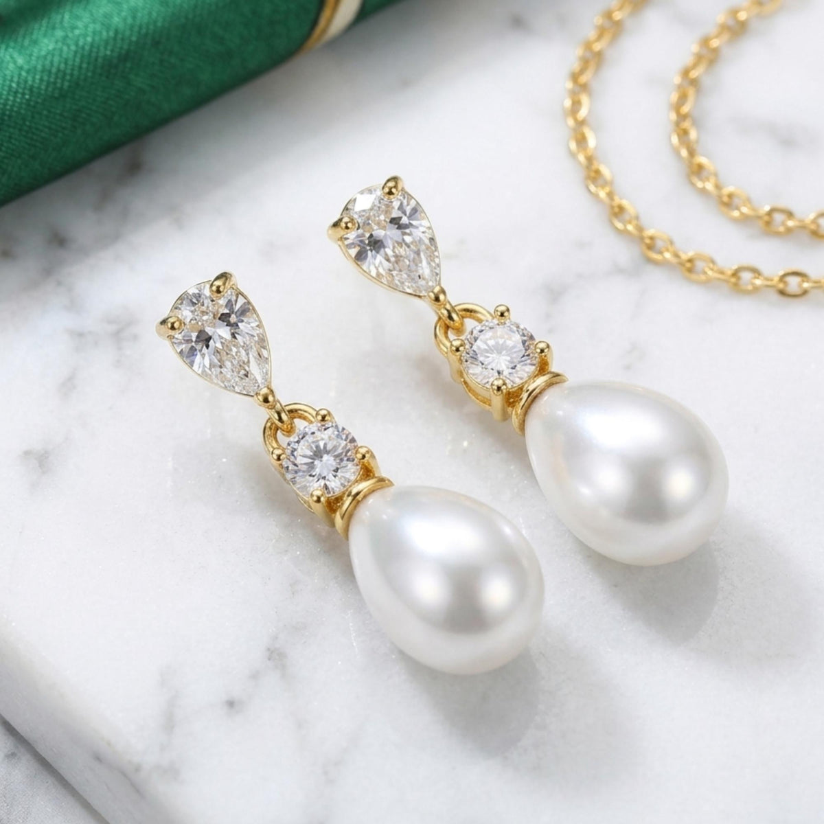 CZ Dimond Earrings, Gold Pearl Diamond Earrings| Crystal Bridal Earrings, Pearl Drop Earrings, Pearl Jewelry, Gift for her| B