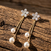 Elegant Flower Pearl Drop Earrings for Women, Floral Rhinestone Wedding Dangle Earrings|  Flower Earrings, Huggie Earrings| B