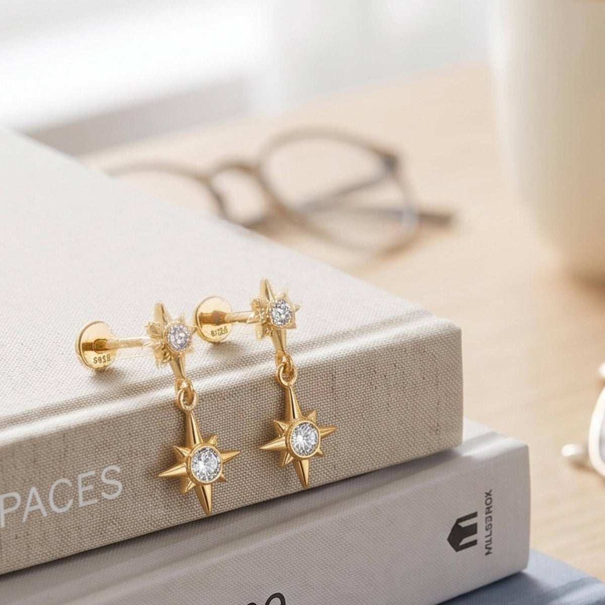 Gold Starburst Stud Earrings, Delicate Starburst Charm, 925 Sterling Silver Celestial Dangle Studs, Best Friend Gift, Christm