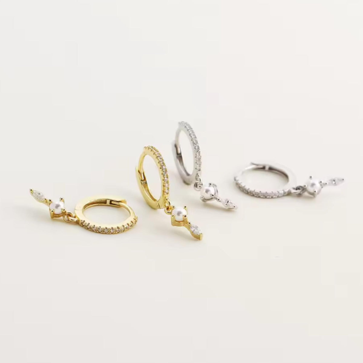 Pearl Diamond Huggie Earrings, Minimalist Sterling Silver Dangle, Gold Plated, Gift for Her