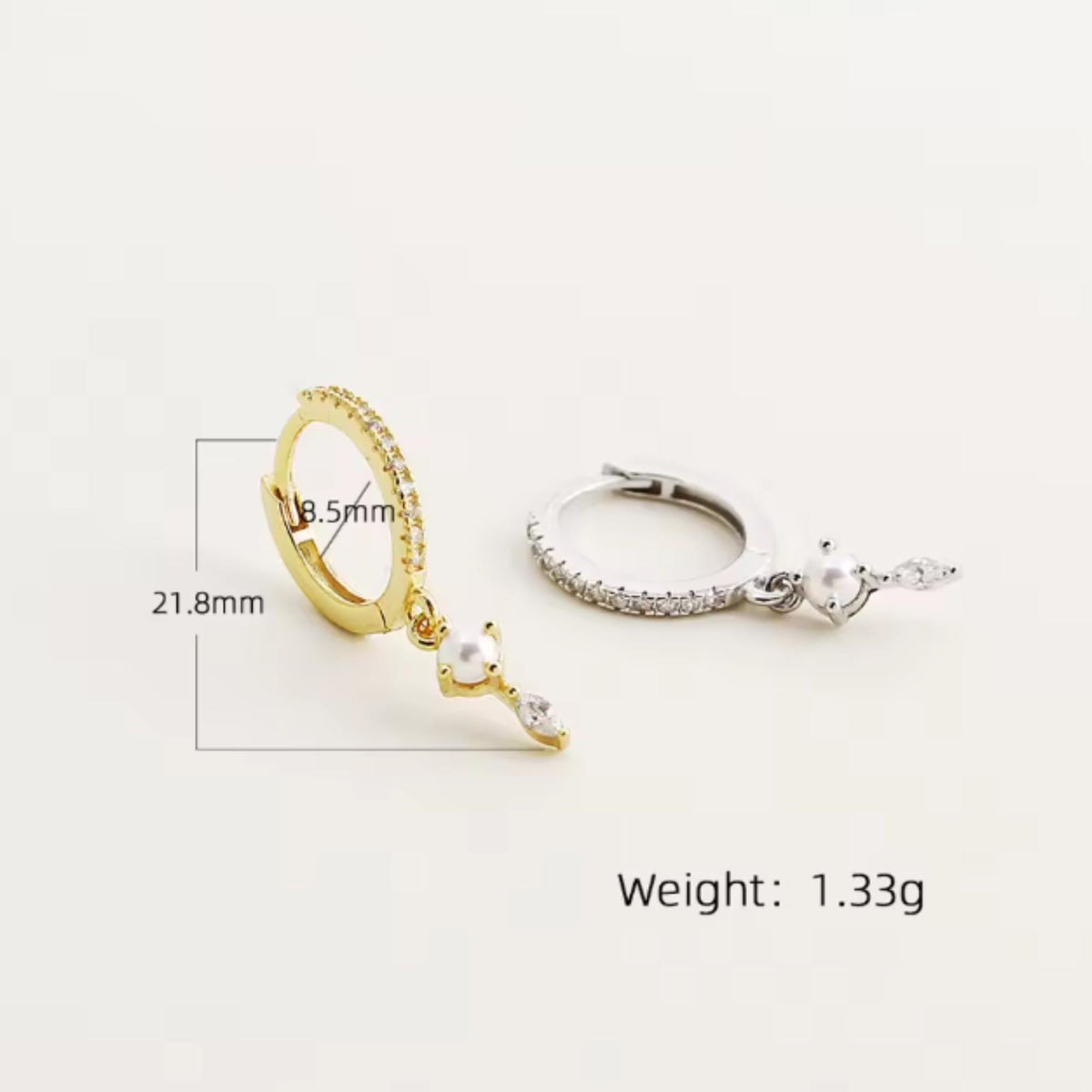 Pearl Diamond Huggie Earrings, Minimalist Sterling Silver Dangle, Gold Plated, Gift for Her
