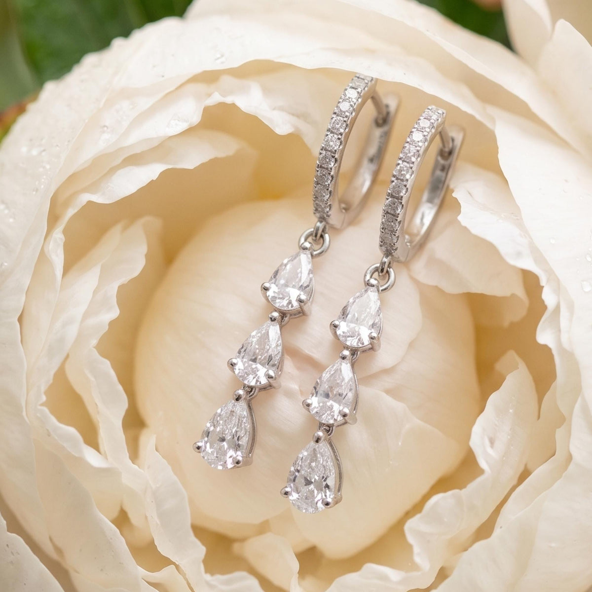 14K Gold Triple Pear Drop Earrings| Dainty Diamond Dangle Hoops| Bridal Earrings| Crystal Huggie Hoops| Bridesmaids Gift |Sta