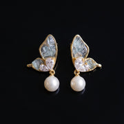 Gold-Plated Butterfly Wing Earrings with Natural Raw Stones & Pearl Drops – Artisanal Statement Jewelry – Elegant Gift for He