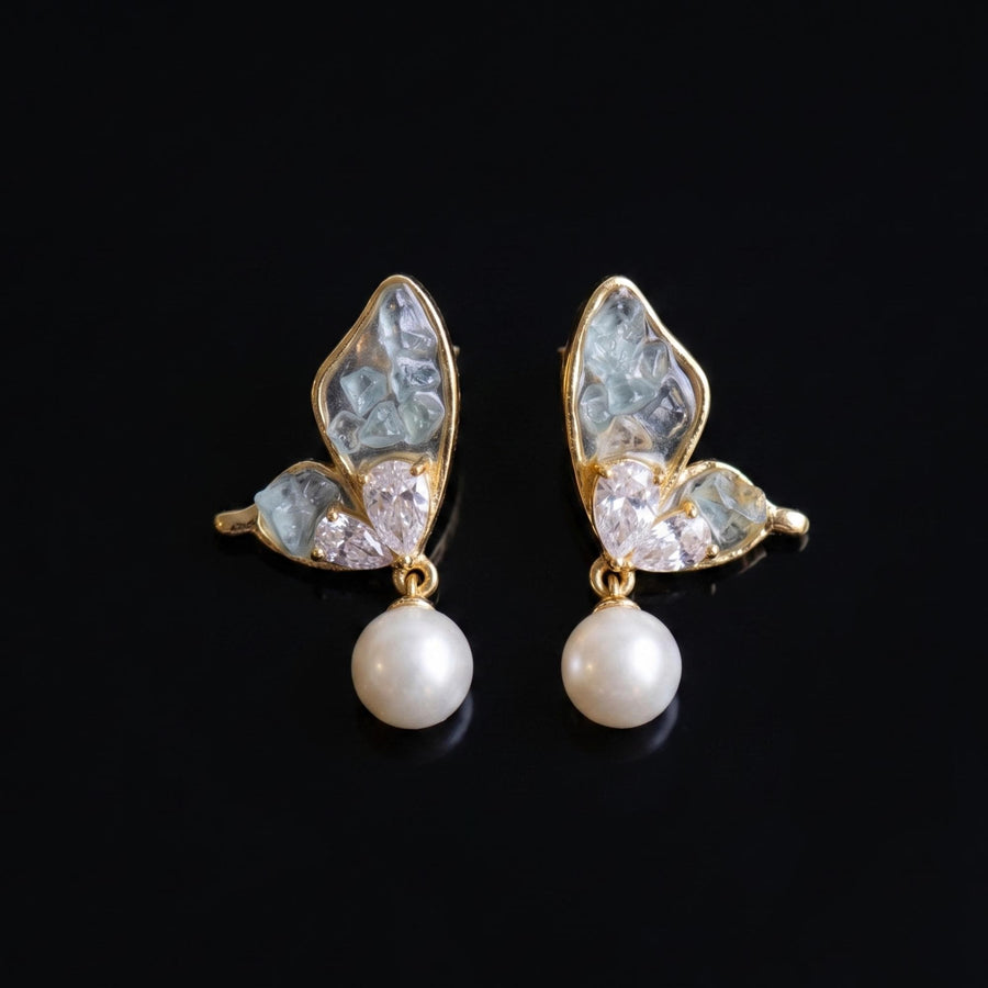 Gold-Plated Butterfly Wing Earrings with Natural Raw Stones & Pearl Drops – Artisanal Statement Jewelry – Elegant Gift for He