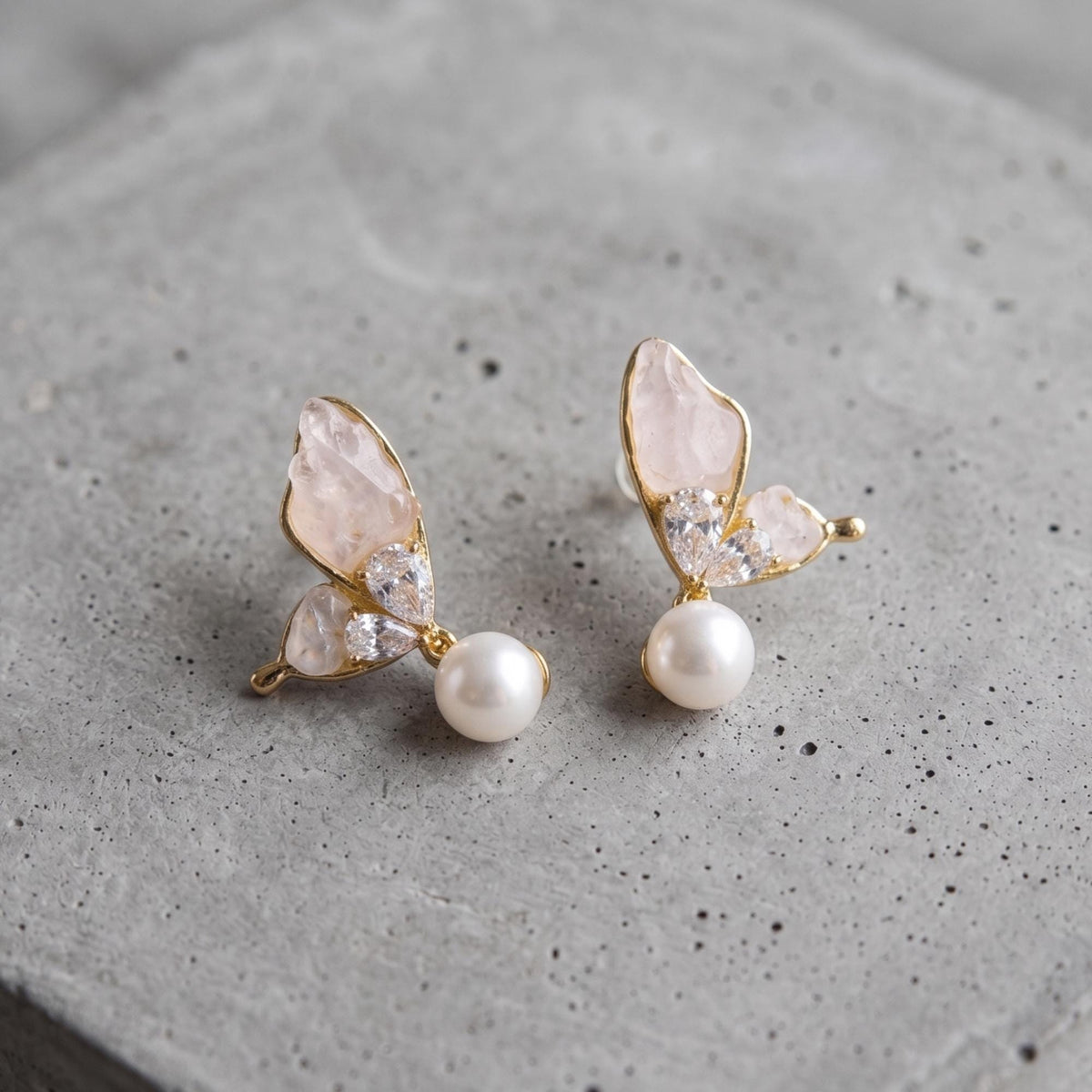Gold-Plated Butterfly Wing Earrings with Natural Stones & Pearl Drops