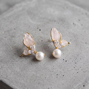 Gold-Plated Butterfly Wing Earrings with Natural Raw Stones & Pearl Drops – Artisanal Statement Jewelry – Elegant Gift for He