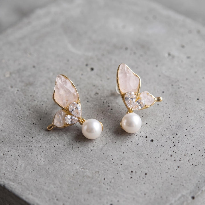 Gold-Plated Butterfly Wing Earrings with Natural Raw Stones & Pearl Drops – Artisanal Statement Jewelry – Elegant Gift for He