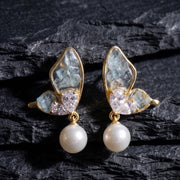 Gold-Plated Butterfly Wing Earrings with Natural Raw Stones & Pearl Drops – Artisanal Statement Jewelry – Elegant Gift for He