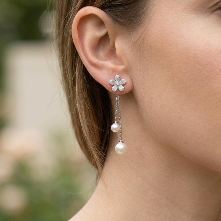 Elegant Flower Pearl Drop Earrings for Women, Floral Rhinestone Wedding Dangle Earrings|  Flower Earrings, Huggie Earrings| B