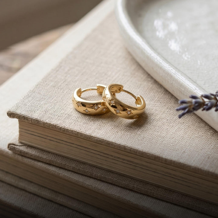 Rich Gold Starburst Huggie Earrings | Minimalist Celestial Diamond Hoops
