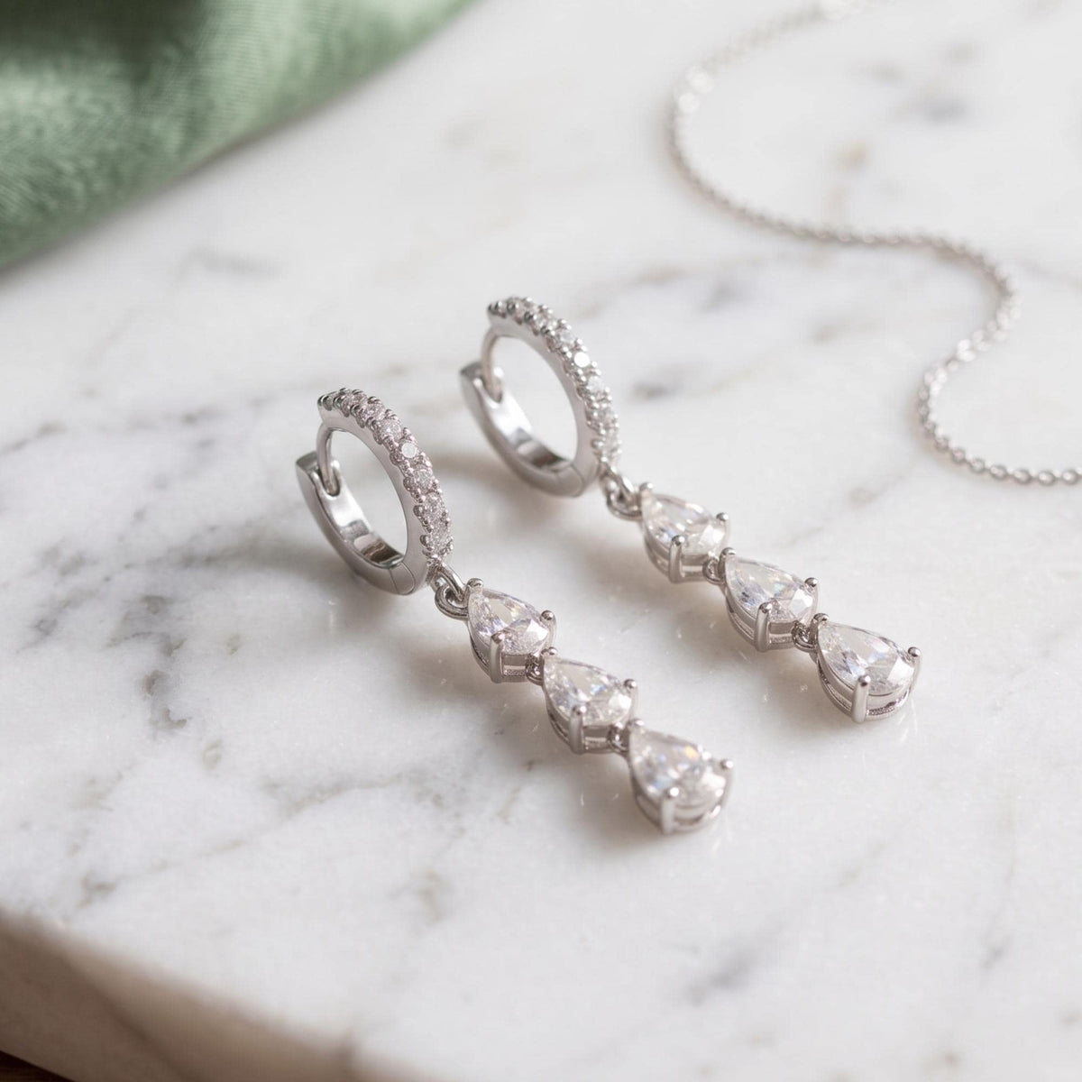 14K Gold Triple Pear Drop Earrings| Dainty Diamond Dangle Hoops| Bridal Earrings| Crystal Huggie Hoops| Bridesmaids Gift |Sta