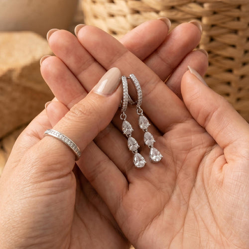 14K Gold Triple Pear Drop Earrings| Dainty Diamond Dangle Hoops| Bridal Earrings| Crystal Huggie Hoops| Bridesmaids Gift |Sta