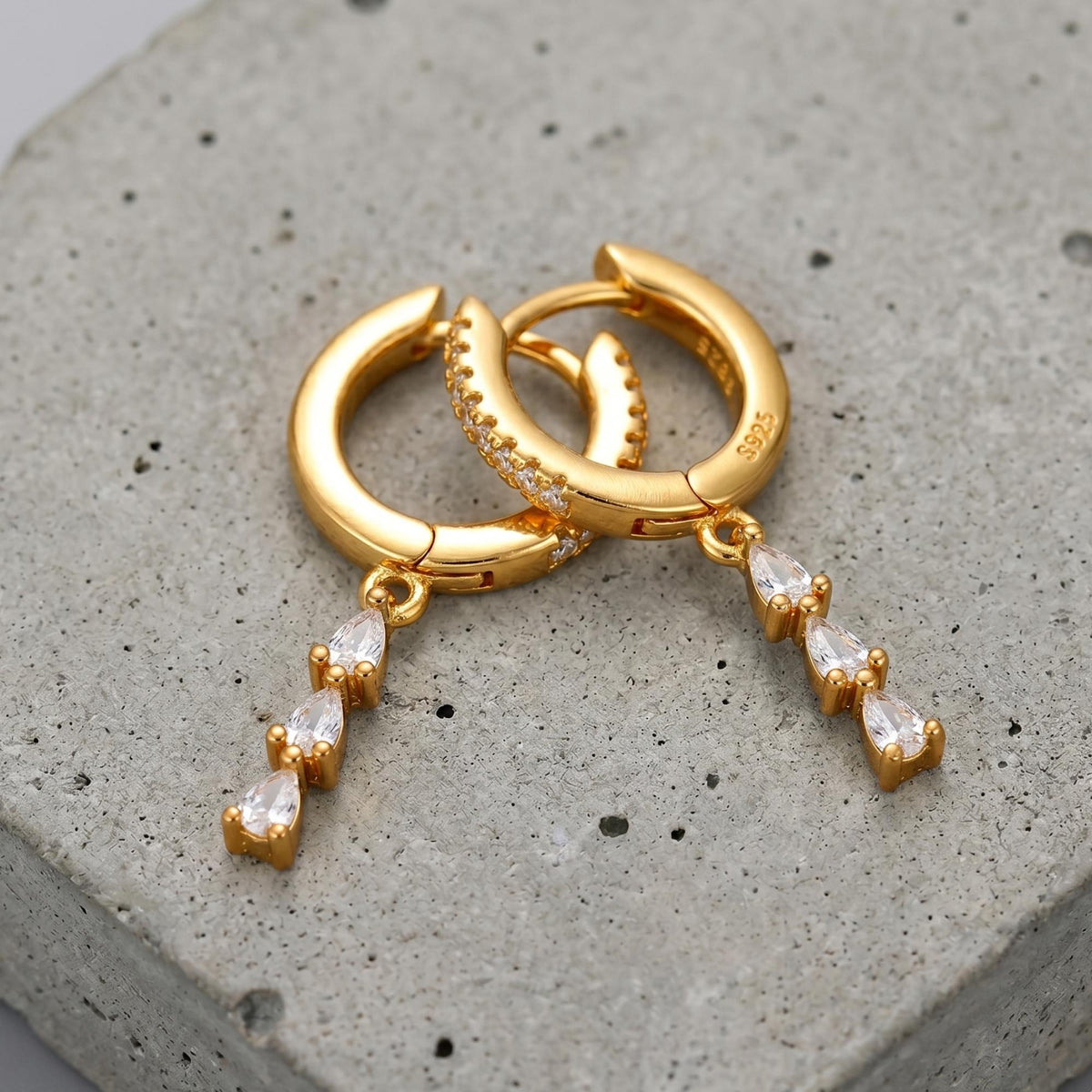 14K Gold Triple Pear Drop Earrings| Dainty Diamond Dangle Hoops| Bridal Earrings| Crystal Huggie Hoops| Bridesmaids Gift |Sta