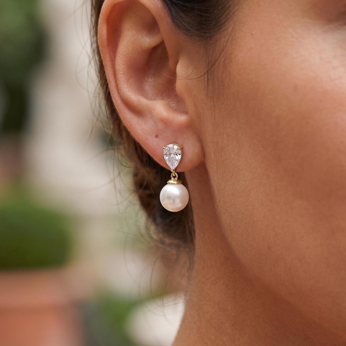 Pearl Drop Earrings, Pear Cut Created Diamond Bridal Earrings, Natural Freshwater Pearl Dangles, Teardrop Wedding Jewelry, Br