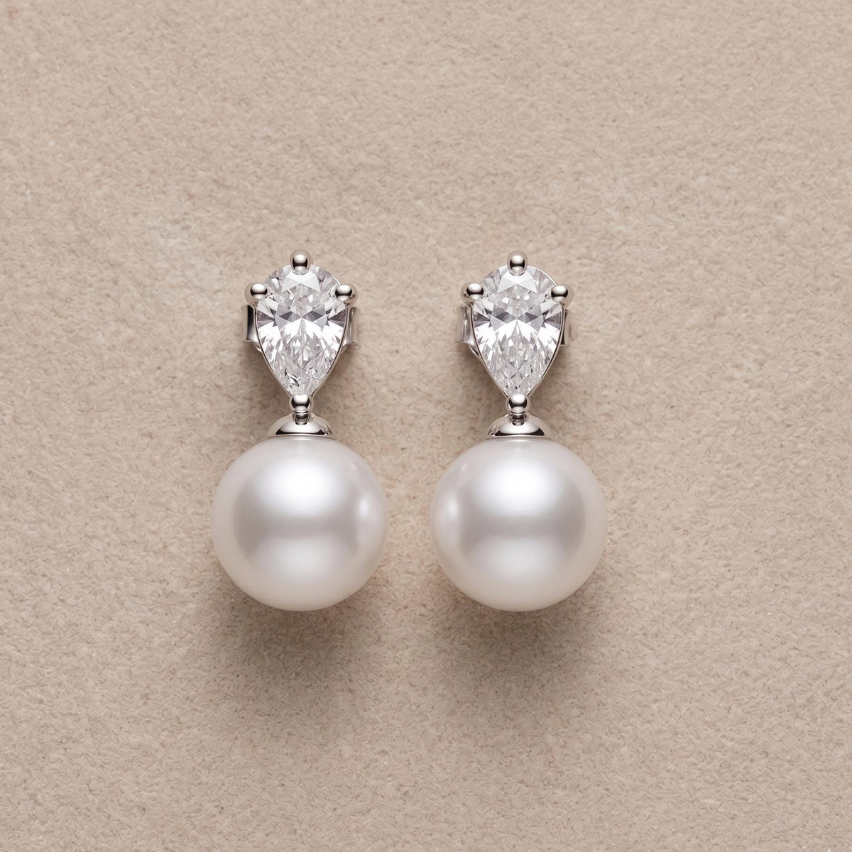 Pearl Drop Earrings, Pear Cut Created Diamond Bridal Earrings, Natural Freshwater Pearl Dangles, Teardrop Wedding Jewelry, Br