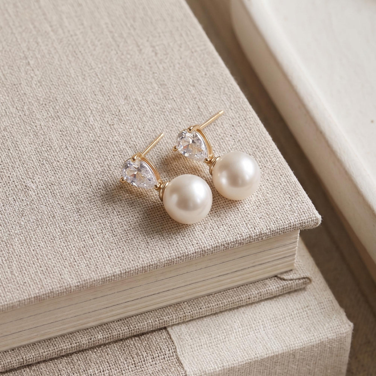 Pearl Drop Earrings, Pear Cut Created Diamond Bridal Earrings, Natural Freshwater Pearl Dangles, Teardrop Wedding Jewelry, Br