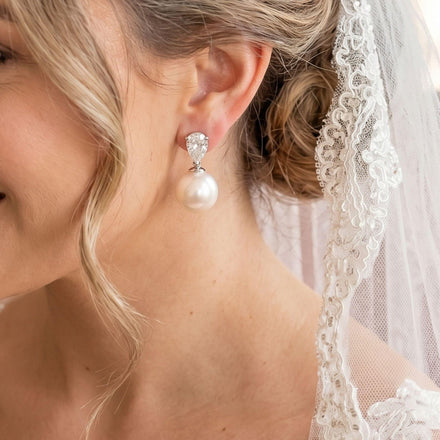 Pearl Drop Earrings, Pear Cut Created Diamond Bridal Earrings, Natural Freshwater Pearl Dangles, Teardrop Wedding Jewelry, Br
