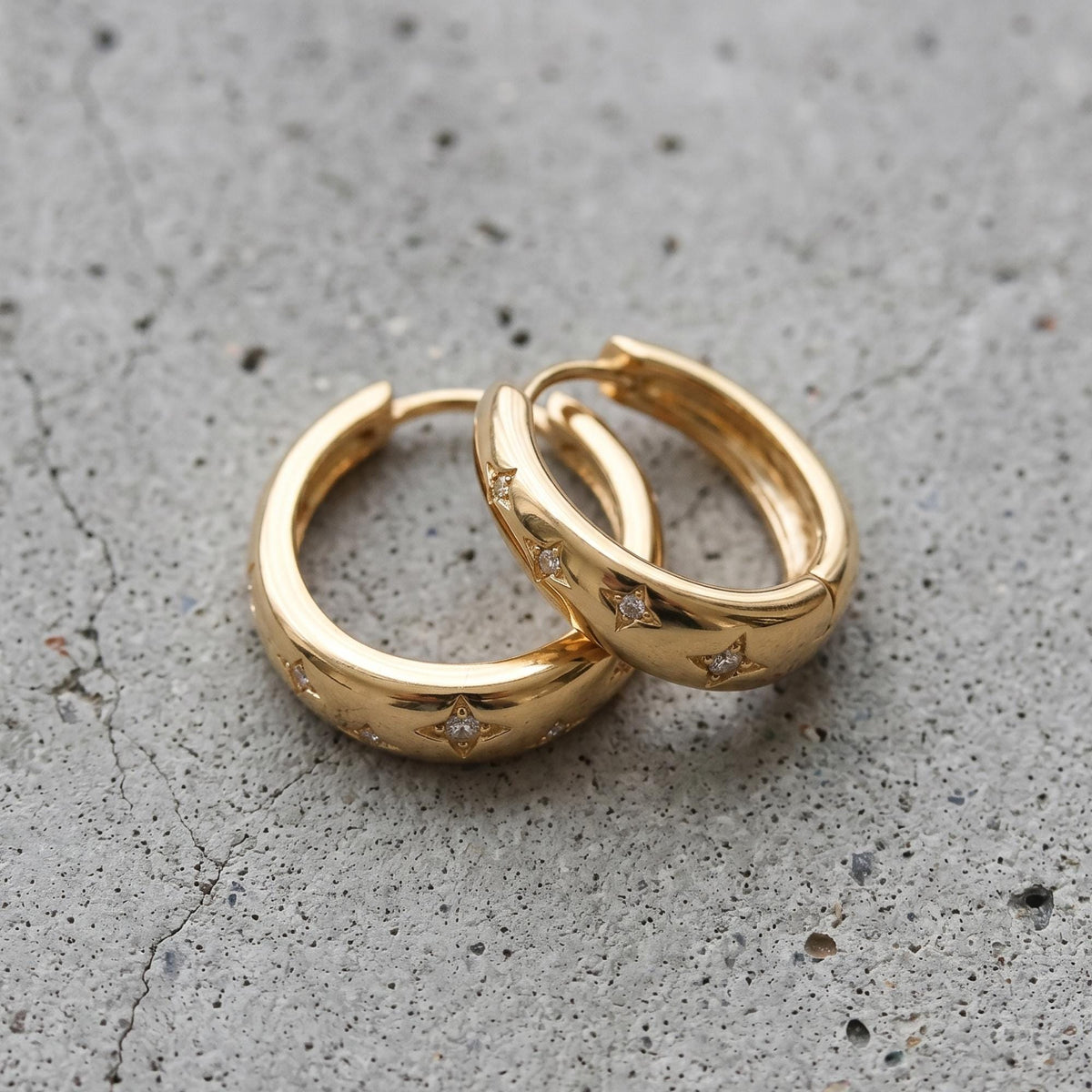 Rich Gold Starburst Huggie Earrings | Minimalist Celestial Diamond Hoops