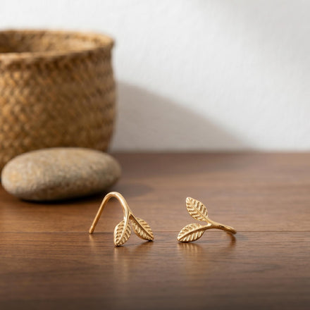 Gold Leaf Ear Climbers, Minimalist Open Hoop Earrings, Dainty Botanical Drop Earrings, Tiny Leaf Huggie Hoops, Everyday Ear W