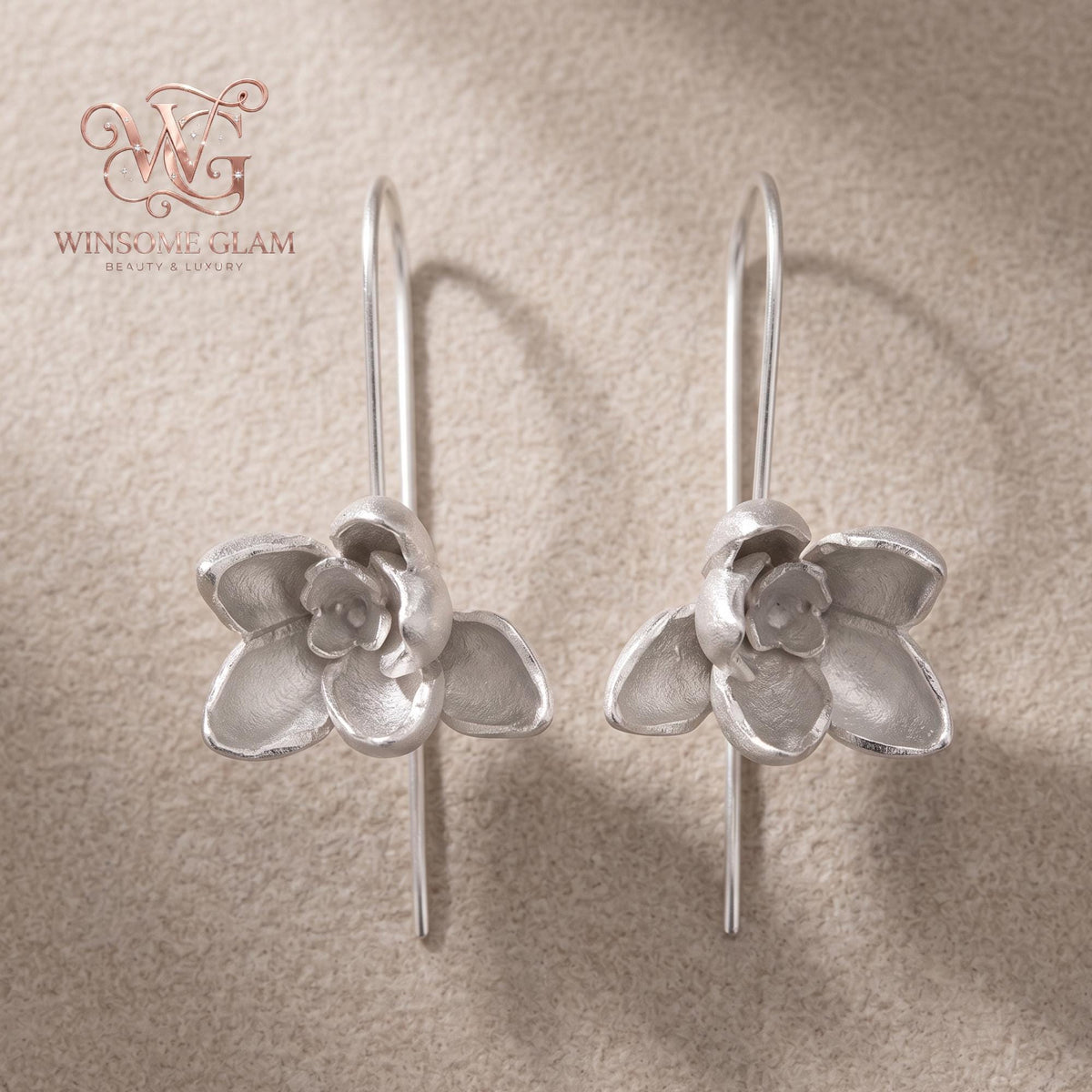 Gold Magnolia Flower Drop Earrings Sculptural Botanical Dangle Jewelry Long Wire Hook Floral Nature Inspired Minimalist Gifts