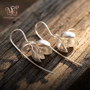 Gold Magnolia Flower Drop Earrings Sculptural Botanical Dangle Jewelry Long Wire Hook Floral Nature Inspired Minimalist Gifts